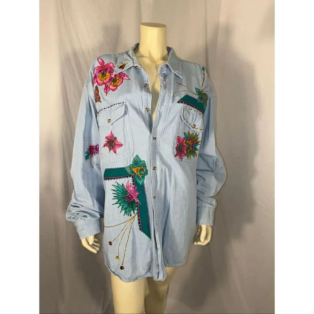 Basic Editions Oversized Denim Shirt 3X – Hand Embellished Floral & Butterfly We